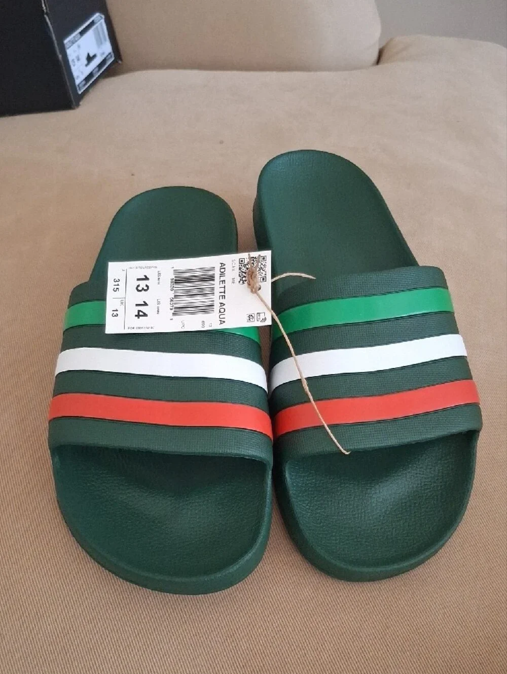 adidas Adilette Aqua Slide Sandals in Green with Red and White Stripes